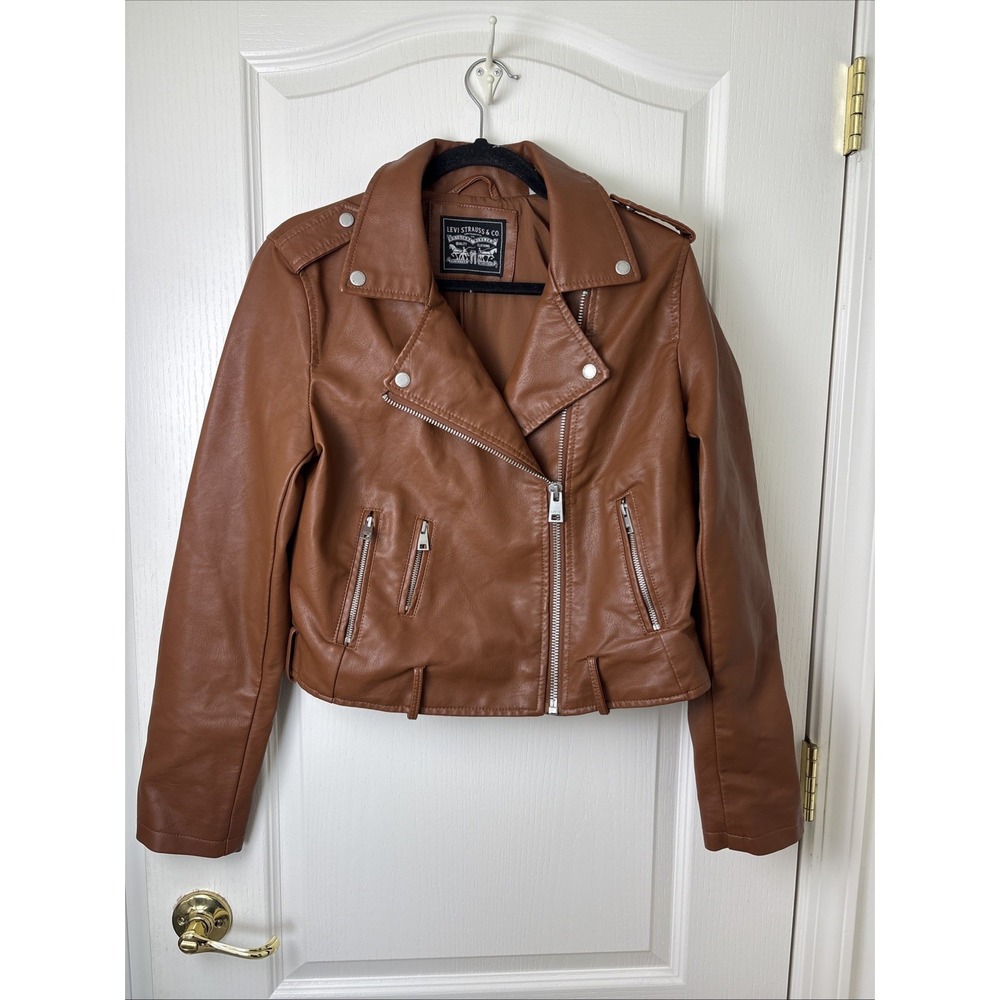 Levis Womens M Cognac Brown Faux Leather Moto Jacket Asymmetric Zip Vegan Biker